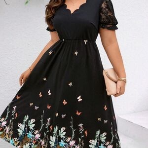 SHEIN Black Midi Dress with Floral and Butterfly Design